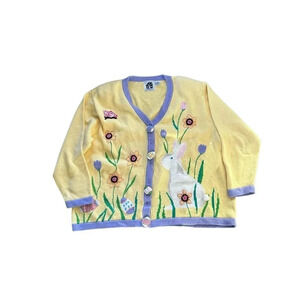 Storybook Knits Women Yellow Button Down Floral Rabbit Cardigan Plus Size 3X